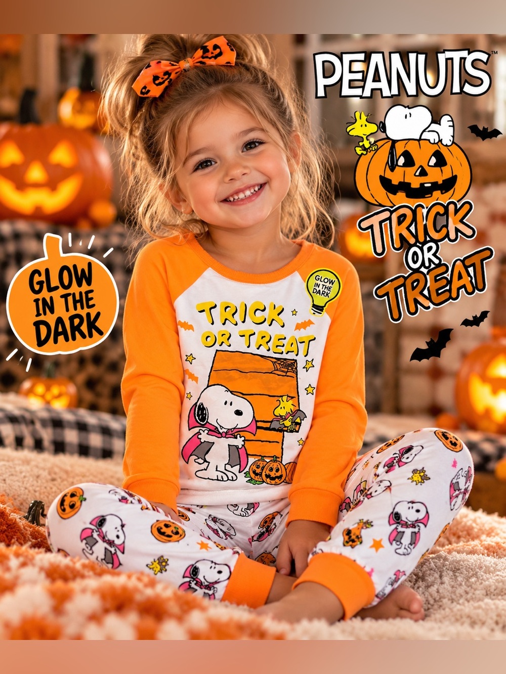Peanuts Snoopy Halloween Trick or Treat Pajama Set 3T NWT Glow in Dark